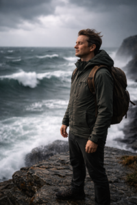 Persona radicata e calma affronta una tempesta, simbolo della sicurezza interiore e della resilienza mentale allenata attraverso il coaching - Ellemmecoaching Lucio Massari