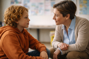 Insegnante empatico si connette emotivamente con uno studente in classe, rappresentando l'educazione all'intelligenza emotiva a scuola oltre la materia - Ellemmecoaching