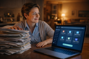 Insegnante a casa sopraffatto dal carico di lavoro invisibile cartaceo trova sollievo nel supporto dell'intelligenza artificiale su laptop per ritrovare equilibrio vita-lavoro - Ellemmecoaching